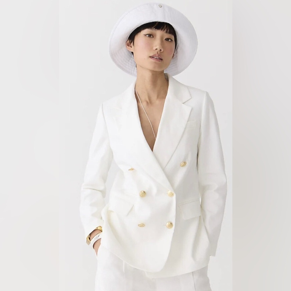 J.Crew Size 8 White Bristol Double Breasted Blazer In Stretch Linen Blend